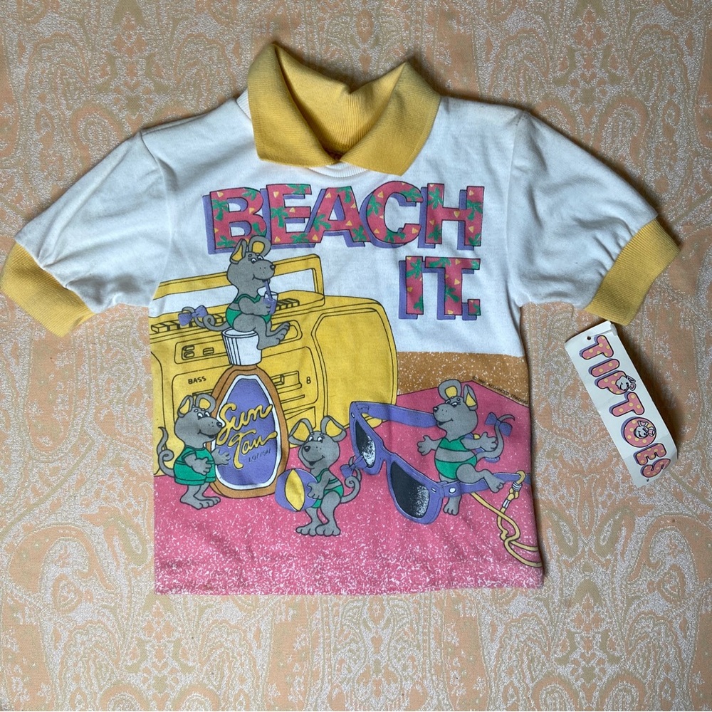 Vintage 1990 Kids collared shirt Mice beach scene boombox sunglasses - Picture 2 of 10